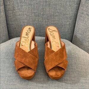 Sam Edelman Suede Crisscross Platform Sandals in Cognac Brown